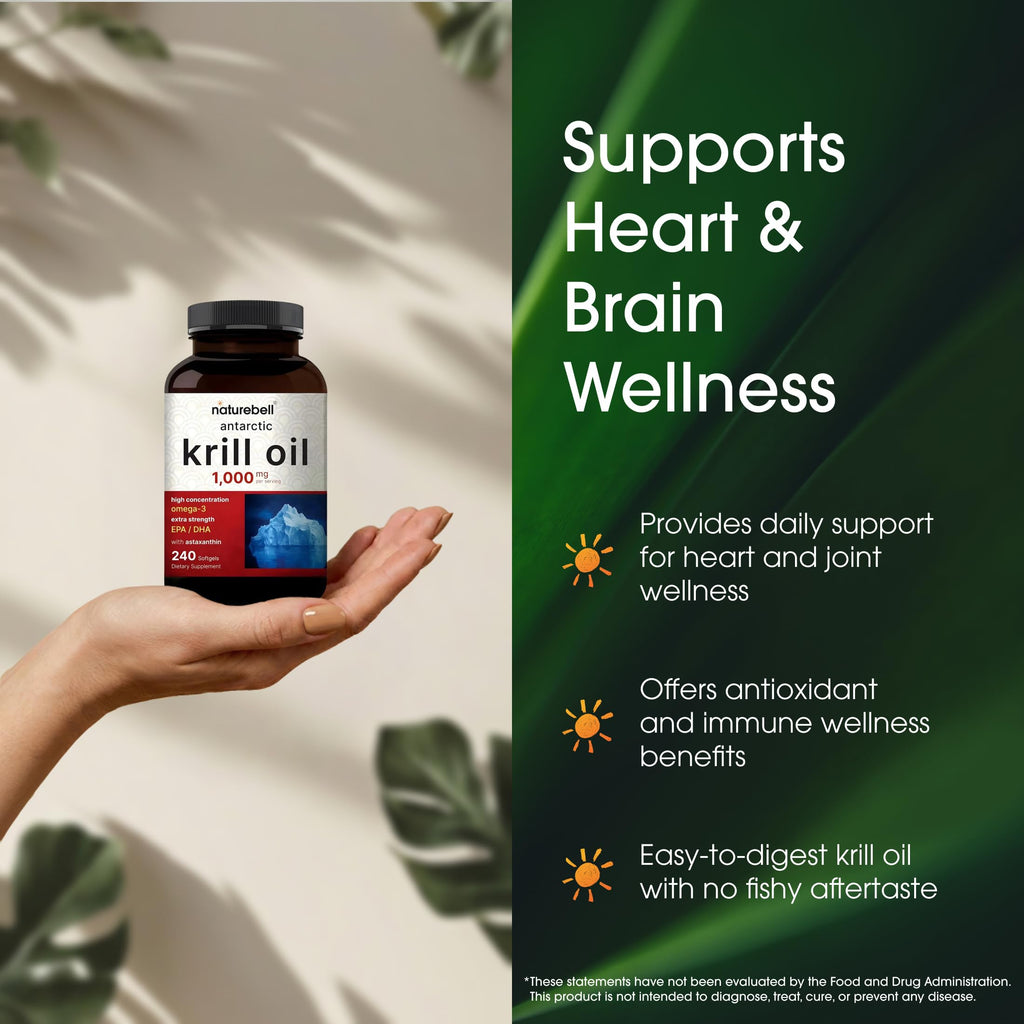 NatureBell Antarctic Krill Oil 1,000mg - 240 Softgels - Omega-3 Heart, Joint & Immune Health Support* - High EPA DHA with Astaxanthin - Non-GMO & Gluten-Free