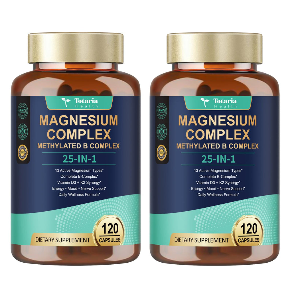 25-in-1 Magnesium Complex with Methylated B Complex, 1000mg Magnesium Complex for Women & Men with Magnesium Glycinate 400mg, 120 Vegan Capsules per Bottle, 2 Bottles