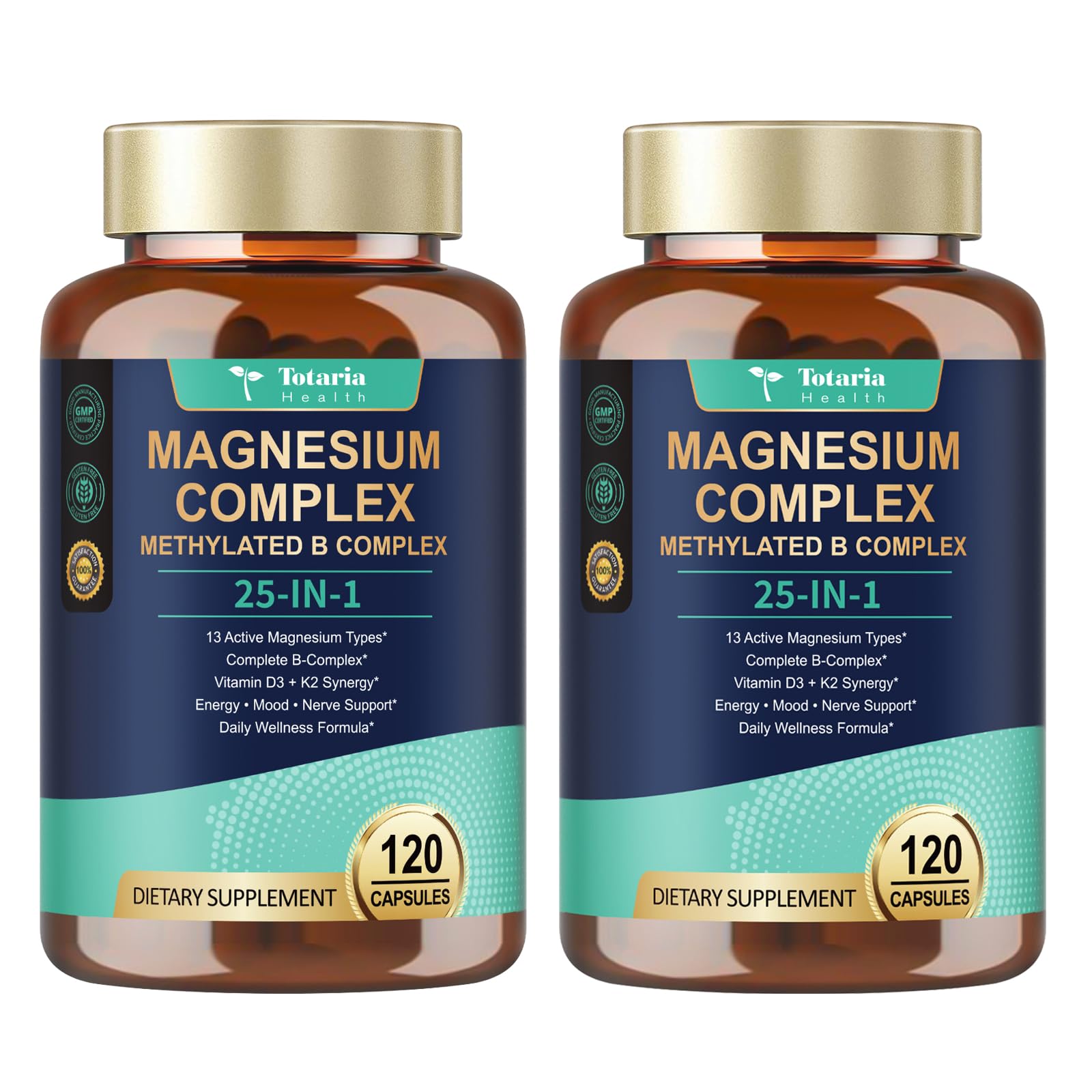 25-in-1 Magnesium Complex with Methylated B Complex, 1000mg Magnesium Complex for Women & Men with Magnesium Glycinate 400mg, 120 Vegan Capsules per Bottle, 2 Bottles