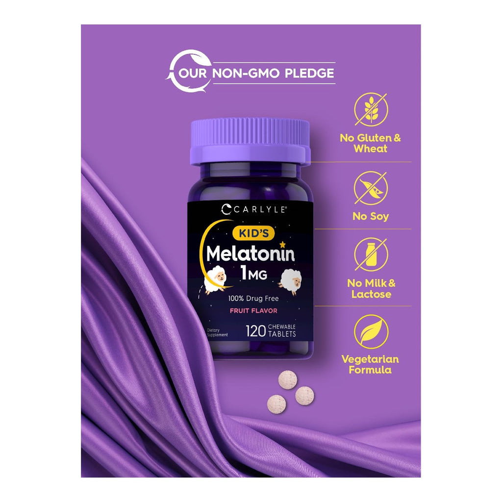 Carlyle Kids Melatonin 1mg | 120 Chewable Tablets | Fruit Flavor | Vegetarian Supplement | Non-GMO, Gluten Free Formula