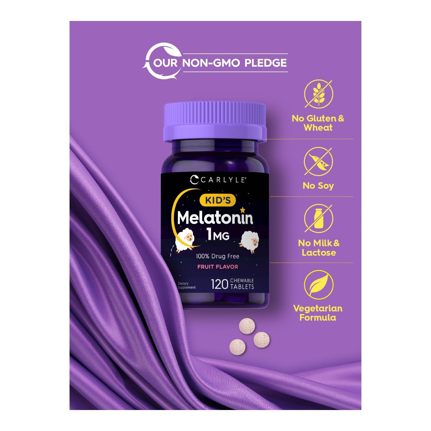 Carlyle Kids Melatonin 1mg | 120 Chewable Tablets | Fruit Flavor | Vegetarian Supplement | Non-GMO, Gluten Free Formula