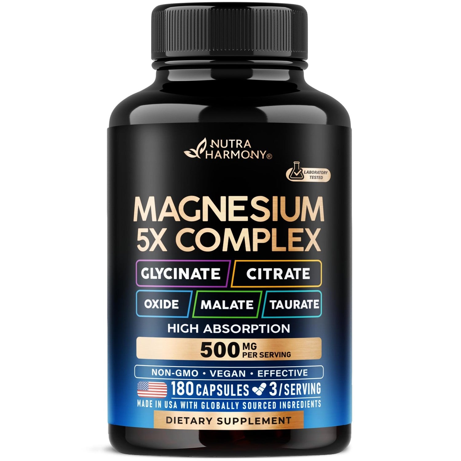 Magnesium Complex - Glycinate, Citrate, Malate, Taurate, Oxide - 180 Caps | 5-in-1 Magnesium Supplement 500 mg - for Women & Men - Stress, Muscle & Heart Support - Laboratory Tested - Vegan, Non-GMO