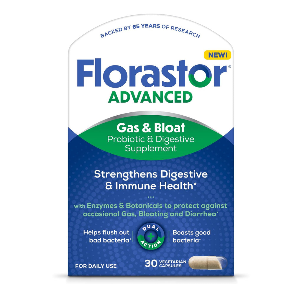 Florastor Advanced Gas & Bloat Probiotic, 30 Capsules (Pack of 2) | Digestive Enzymes and Botanicals, Plus Probiotics for Digestive Health