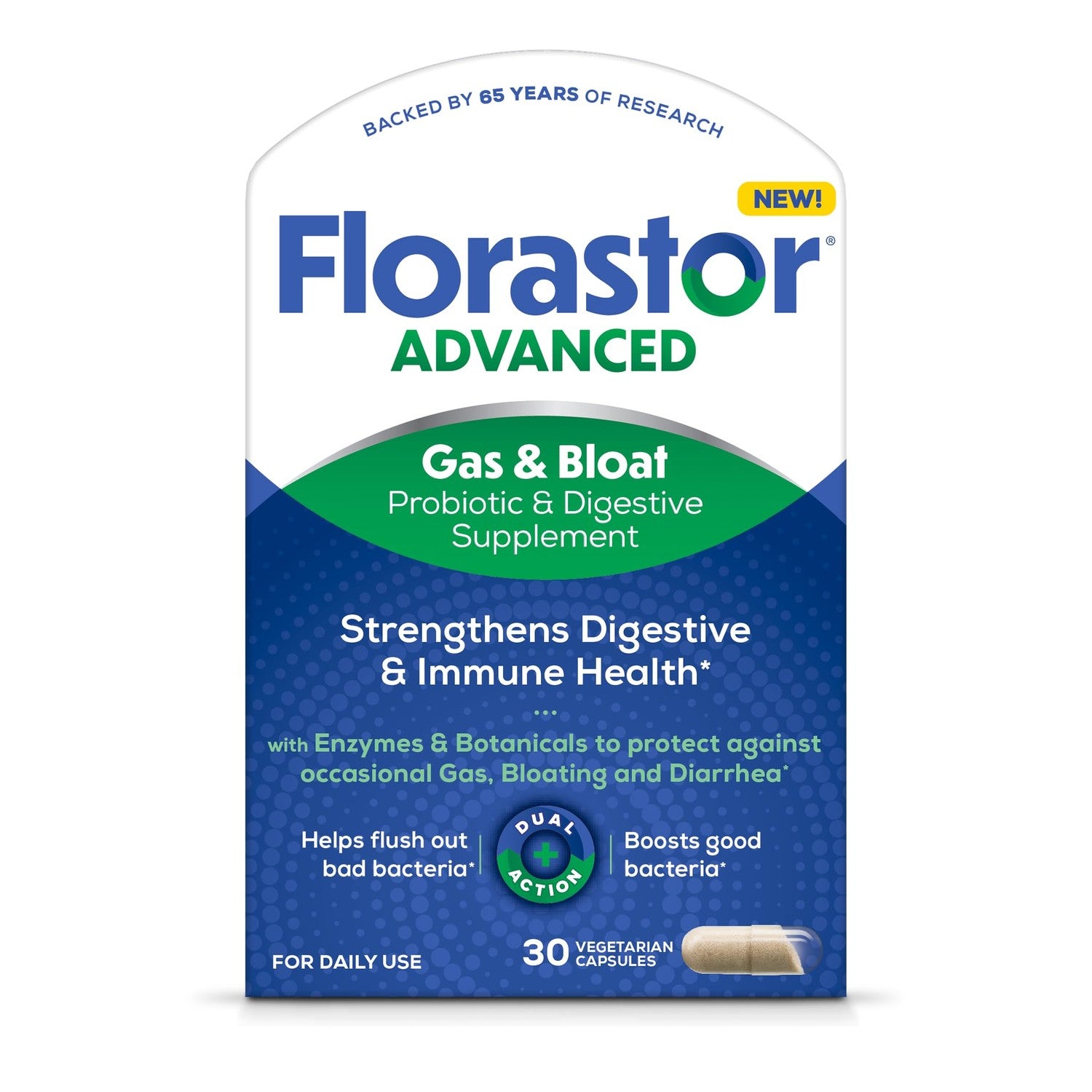 Florastor Advanced Gas & Bloat Probiotic, 30 Capsules (Pack of 2) | Digestive Enzymes and Botanicals, Plus Probiotics for Digestive Health