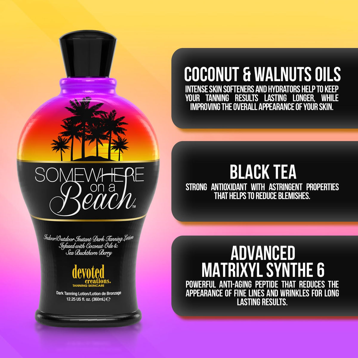 Somewhere on a Beach, Indoor Outdoor, Instant Dark Tanning Lotion 12.25 Ounce