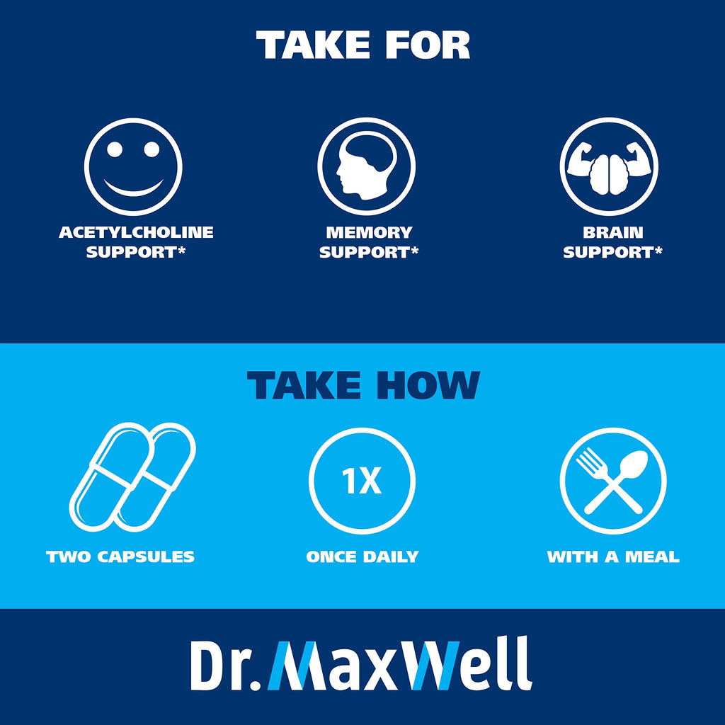 Dr. Maxwell Acetylcholine, Alpha GPC Choline 600mg + Bacopa, Better Than Each Alone. More Reliable Acetylcholine (Supports Memory & Learning) Supplement, 60 Capsules