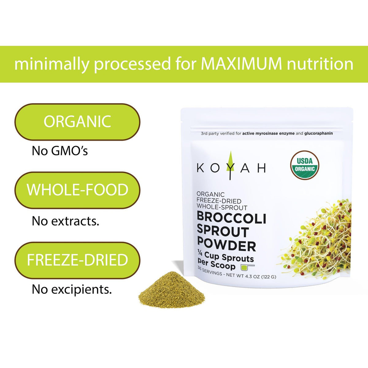 KOYAH - Organic Broccoli Sprout Powder, Freeze-dried: 36 Servings