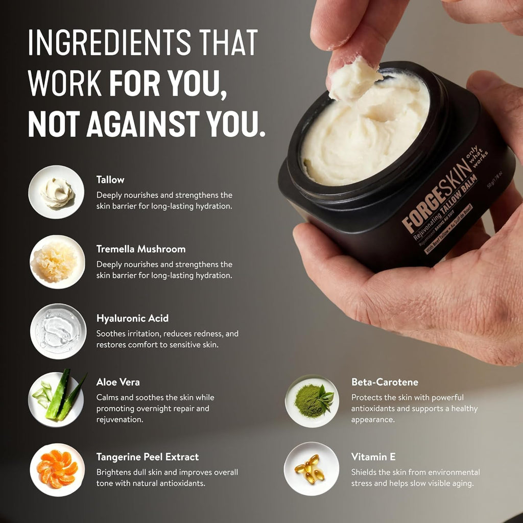 Forge Skin Beef Tallow Balm Skin Moisturizer for Men, Anti Aging Wrinkle Defense - Face & Body Skincare Hydration Cream, 100% Grass-Fed Lotion, Paraben-Free, Helps Minimize Look of Fine Lines, 1.7 oz