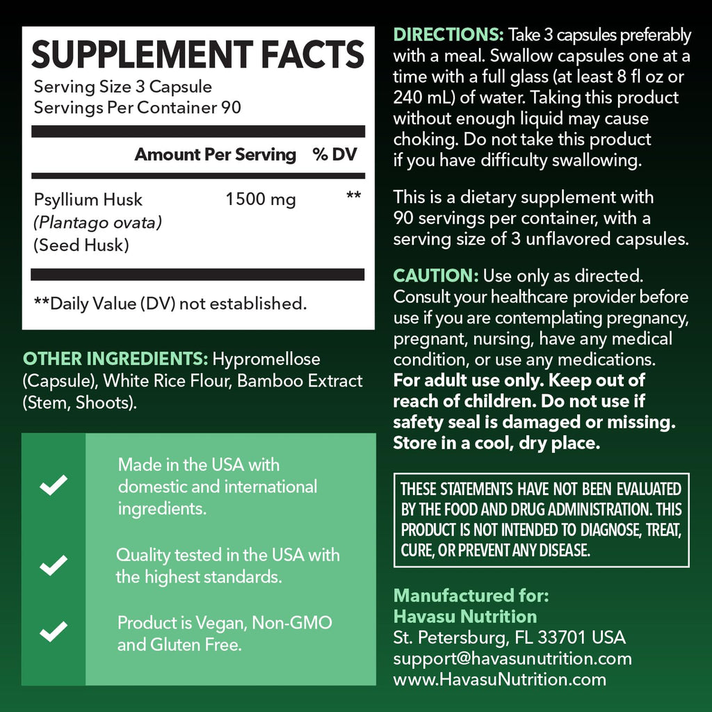Vegan Psyllium Husk Fiber Capsules, GLP-1 Nutritional Support, 270 Pills
