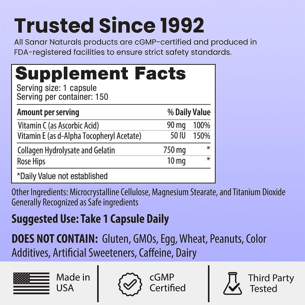 Sanar Naturals Collagen Peptides Pills for Women & Men, Hair Skin and Nails | Hydrolyzed Type I & III Collagen with Vitamin C, Skin Tightening & Joints, GLP-1 Support, Grass-Fed Non-GMO, 150 Capsules