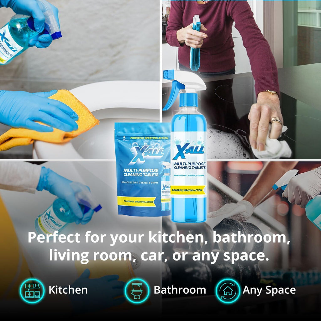 X-ALL Multi-Purpose Cleaner - Spray Bottle and 5x Cleaning Tablets - Cleaner for Oven, Kitchen & Floor surfaces, and Removes Grease and Grime
