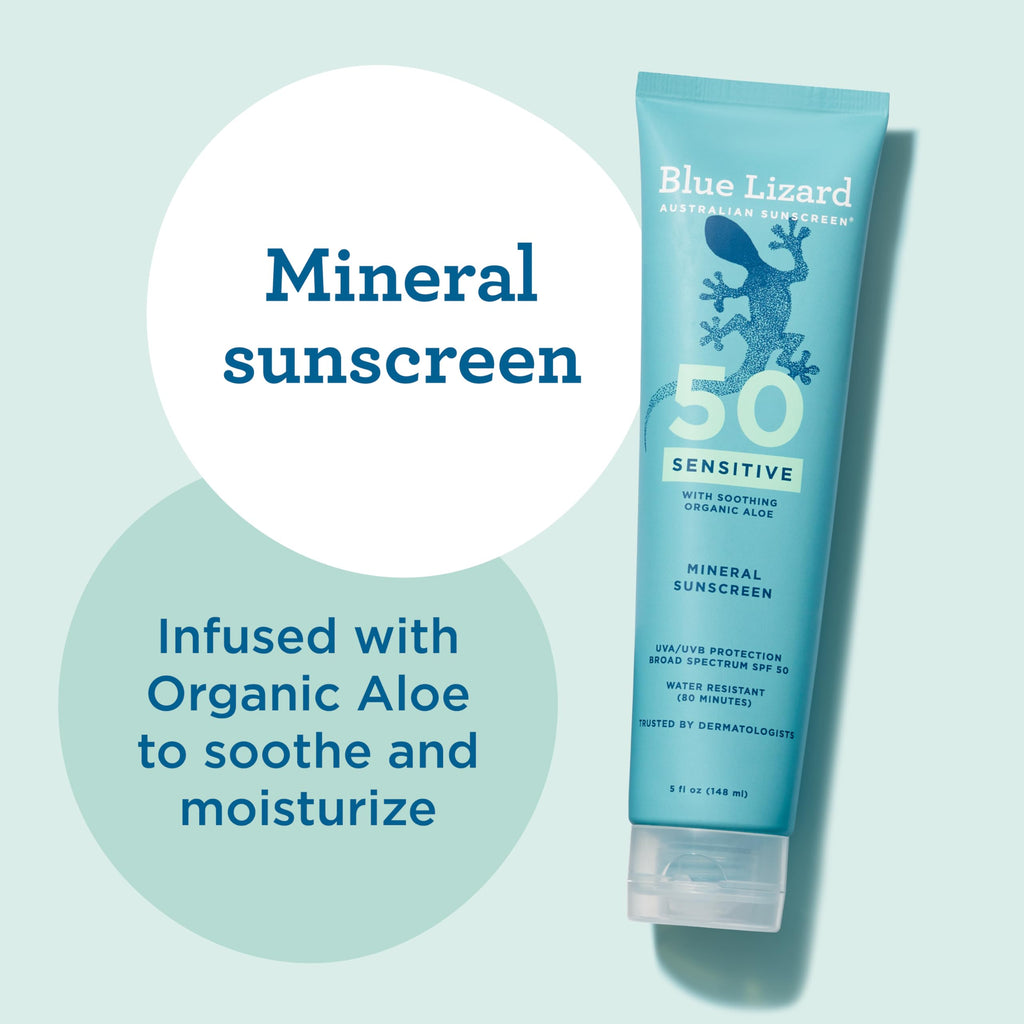 Buy now Blue Lizard Sensitive Mineral SPF 50 Sunscreen Lotion, 100% Mineral Sunscreen, UVA/UVB Protection, Infused with organic Aloe Vera, Soothes and Hydrates, 5 fl oz | with Zinc Oxide, 50+, Water Resistant, UVAUVB Protection, Sensitve at indiglob india