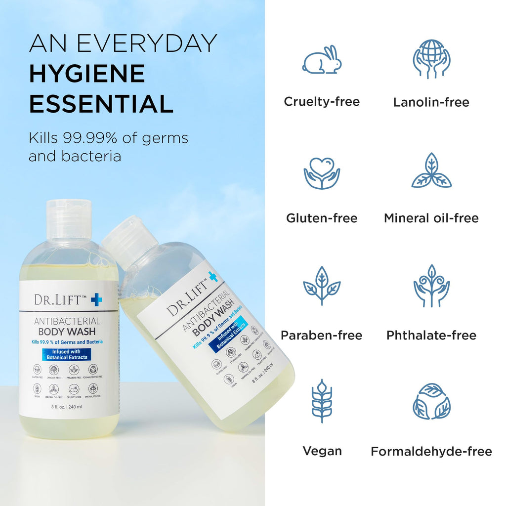 Dr. Lift Antibacterial Body Wash, Lemon, Spirulina, Vegan, 8 Fl Oz | Refreshing Scent, Citric Acid, Hydrating Moisturizing Formula, Paraben & Phthalate Free