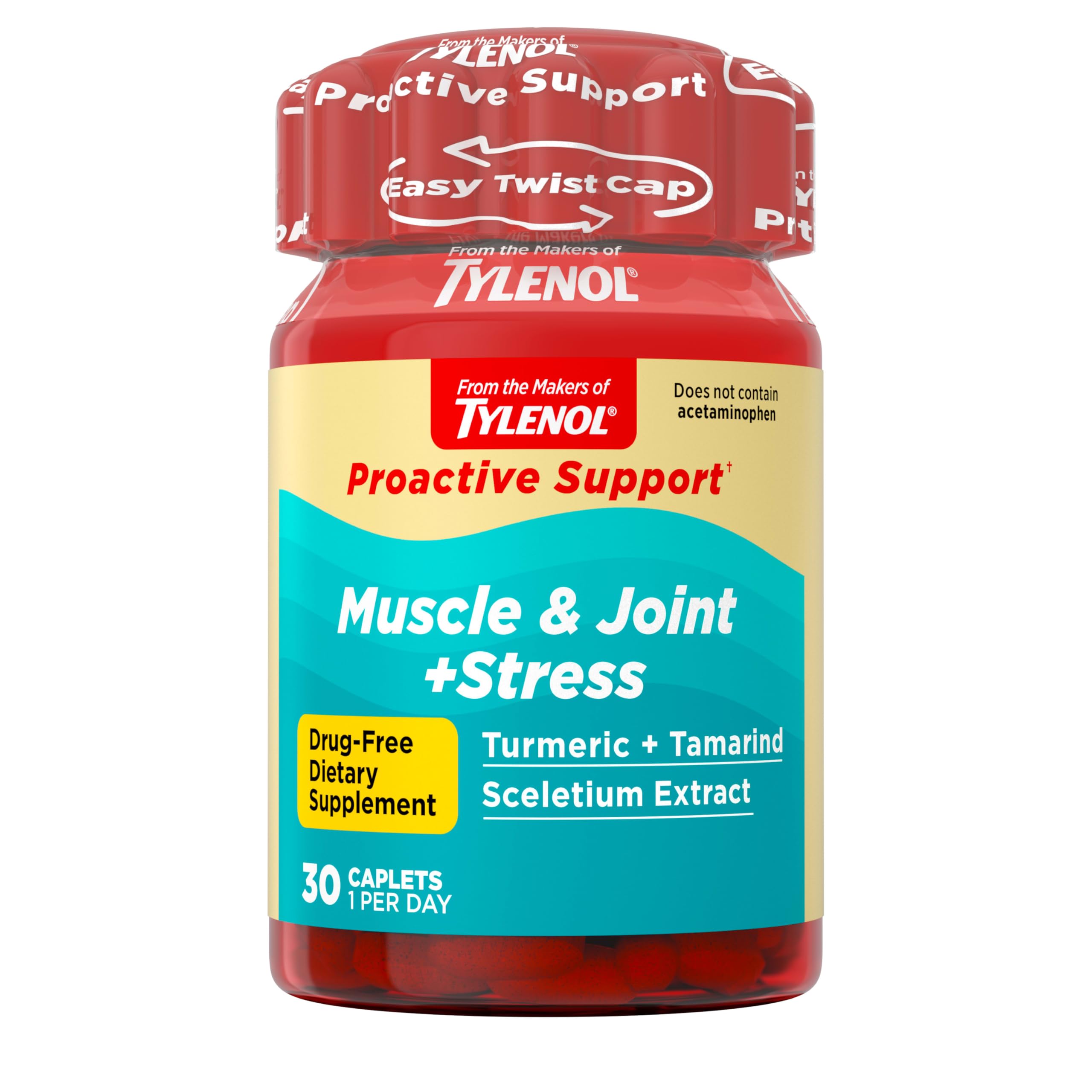 Tylenol Proactive Support Muscle & Joint Supplements + Stress, 30 ct | Drug-Free, Tamarind + Turmeric Supplement, Sceletium Extract, Improves Joint Comfort & Flexibility