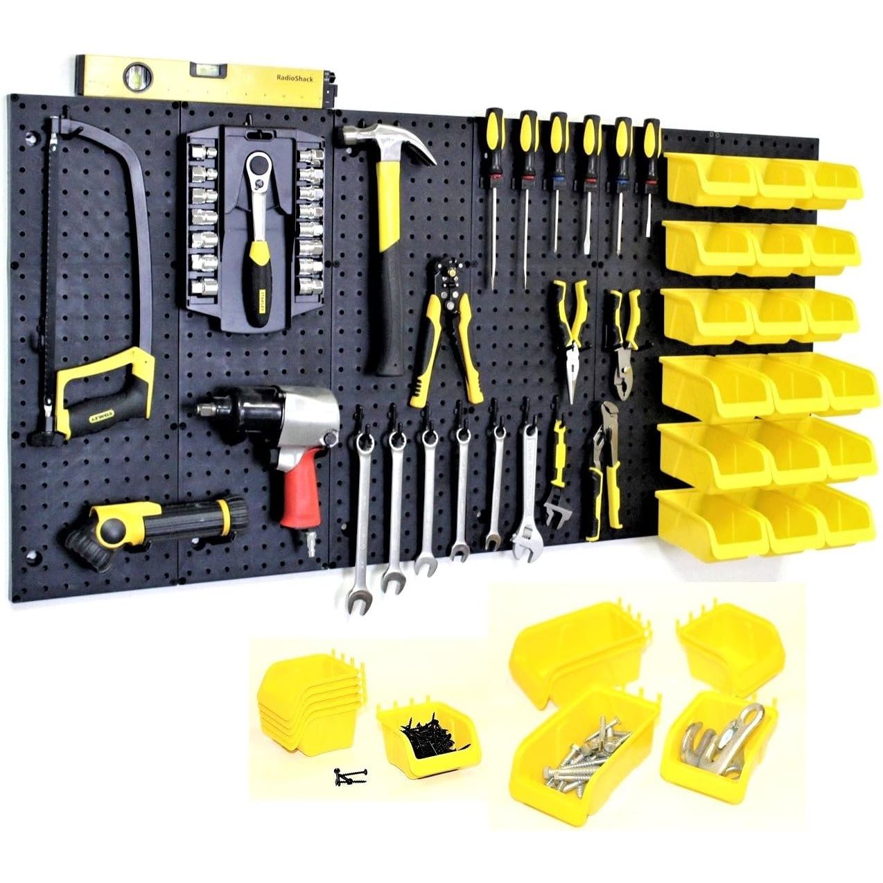 Buy now WallPeg 2 Black Pegboard Panels (24"x16" Each) with 36 Assorted Peg Hooks – Heavy-Duty Peg Board Garage Organizer Kit – Patented Flex-Lock Hooks – Made in USA Wall Storage System 24"x48" Kit & 12 Bins at indiglob india