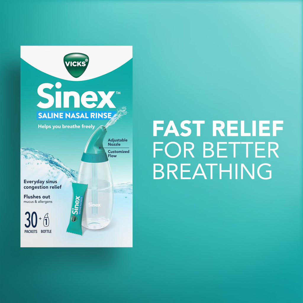 Buy now Vicks Sinex Saline Nasal Rinse Starter Kit, Drug Free Saline, Flush Out Mucus and Allergens, Fast & Effective Relief for Everyday Congestion from Sinus & Allergy, 1 Bottle + 30 Refill Packets at indiglob india