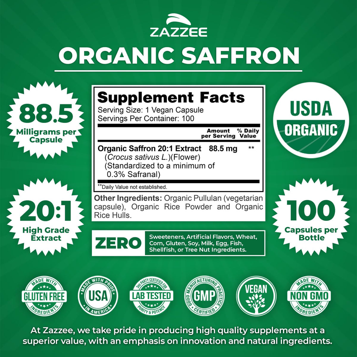 Zazzee USDA Organic Saffron 20:1 Extract, 88.5 mg, 0.3% Safranal, Vegan