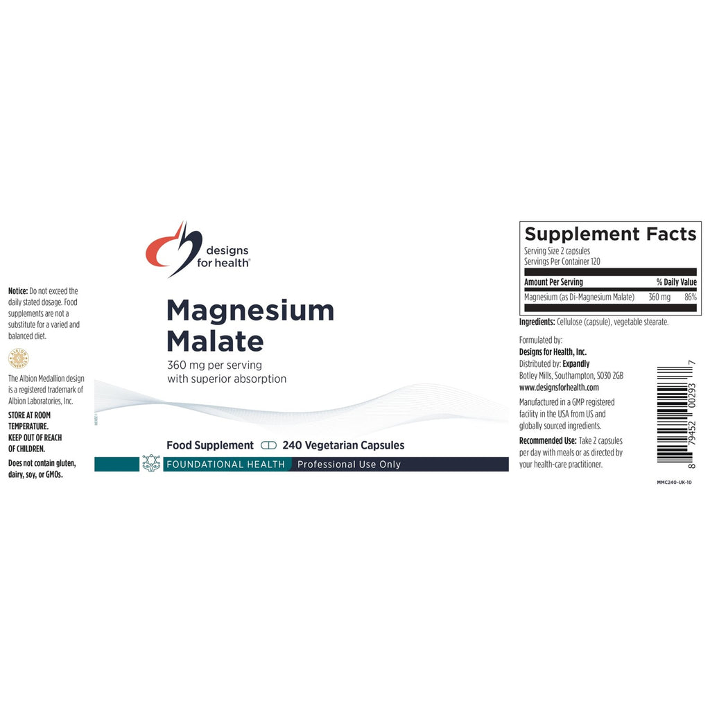 Designs for Health Magnesium Malate - Chelated Magnesium as Di Magnesium Malate - Highly Bioavailable Form to Support Energy, Bone Health + Muscle Recovery (240 Magnesium Malate Capsules)