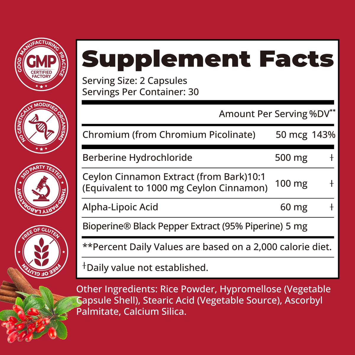 5-in-1 Berberine 500mg with Ceylon Cinnamon, 60 Vegan Capsules