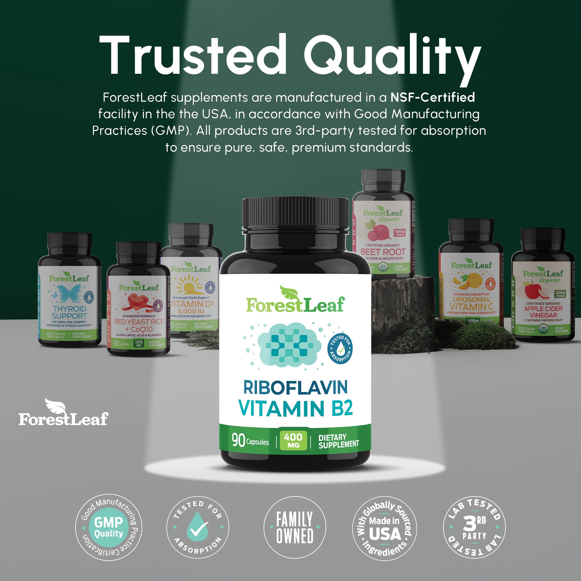 ForestLeaf Vitamin B2 riboflavin 400mg, Non GMO Gluten Free, 90 Count | High-Potency B2 Vitamin For Cellular Energy, Skin And Nervous System Support; Non-GMO, Gluten-Free, Vegetarian, Made In USA