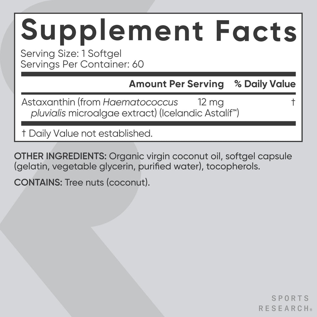 Sports Research® Icelandic Astaxanthin 12mg w/Coconut Oil, 60 Softgels | Triple Strength Antioxidant Supplement for Skin & Eye Health Support* | Soy-Free, Non-GMO, Gluten-Free