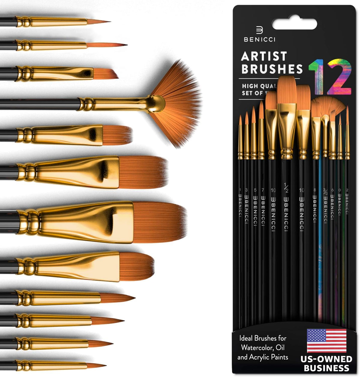 Professional Artist Paint Brush Set of 12 - Acrylic Painting Brushes Kit