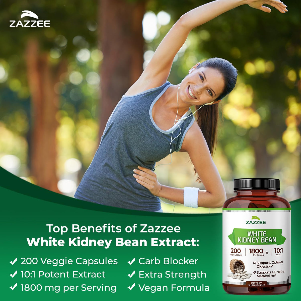 Zazzee White Kidney Bean 10:1 Extract, 1800 mg per Serving, 200 Capsules