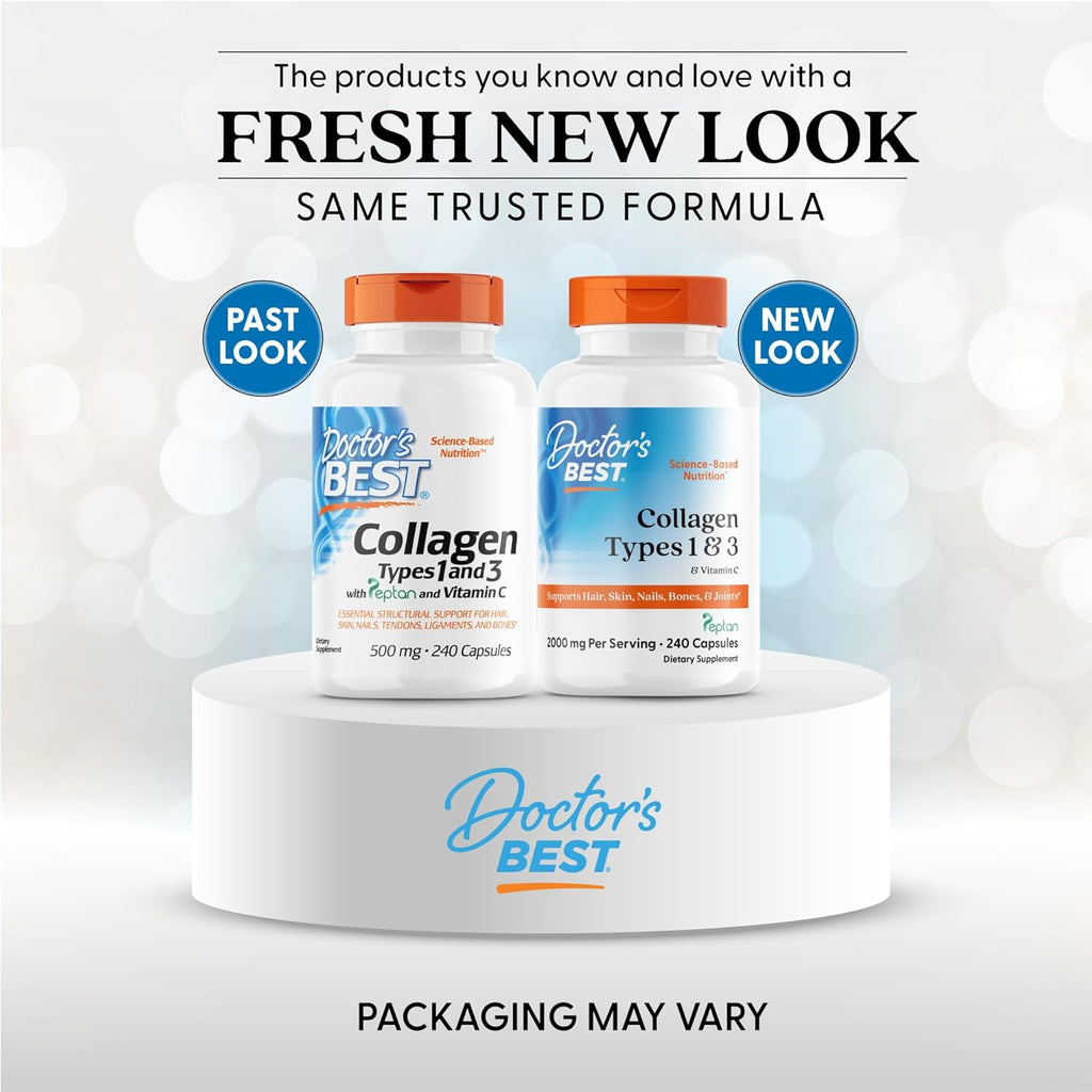 Buy now Doctor's Best Collagen Types 1 & 3 with Vitamin C, Non-GMO, Gluten Free, Soy Free, Supports Hair, Skin, Nails, Tendons & Bones, 500 mg, 240 Caps (DRB-00263) at indiglob india