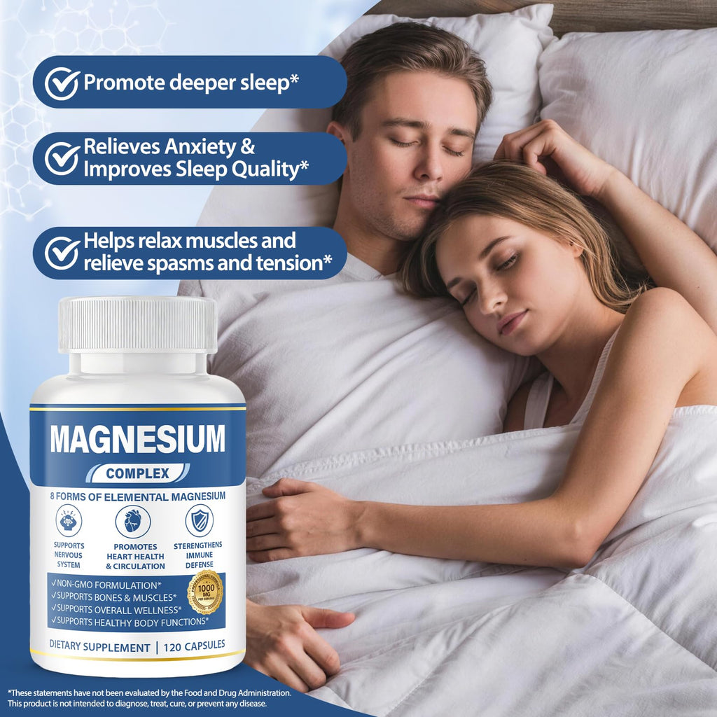 1000mg Magnesium Complex 8 in 1 for Women & Men Vegan Magnesium Supplement | With Glycinate, Citrate, Malate, Taurate & More Magnesium Forms, Vegan Formula for Sleep, Fatigue & Heart Health 120 Capsules