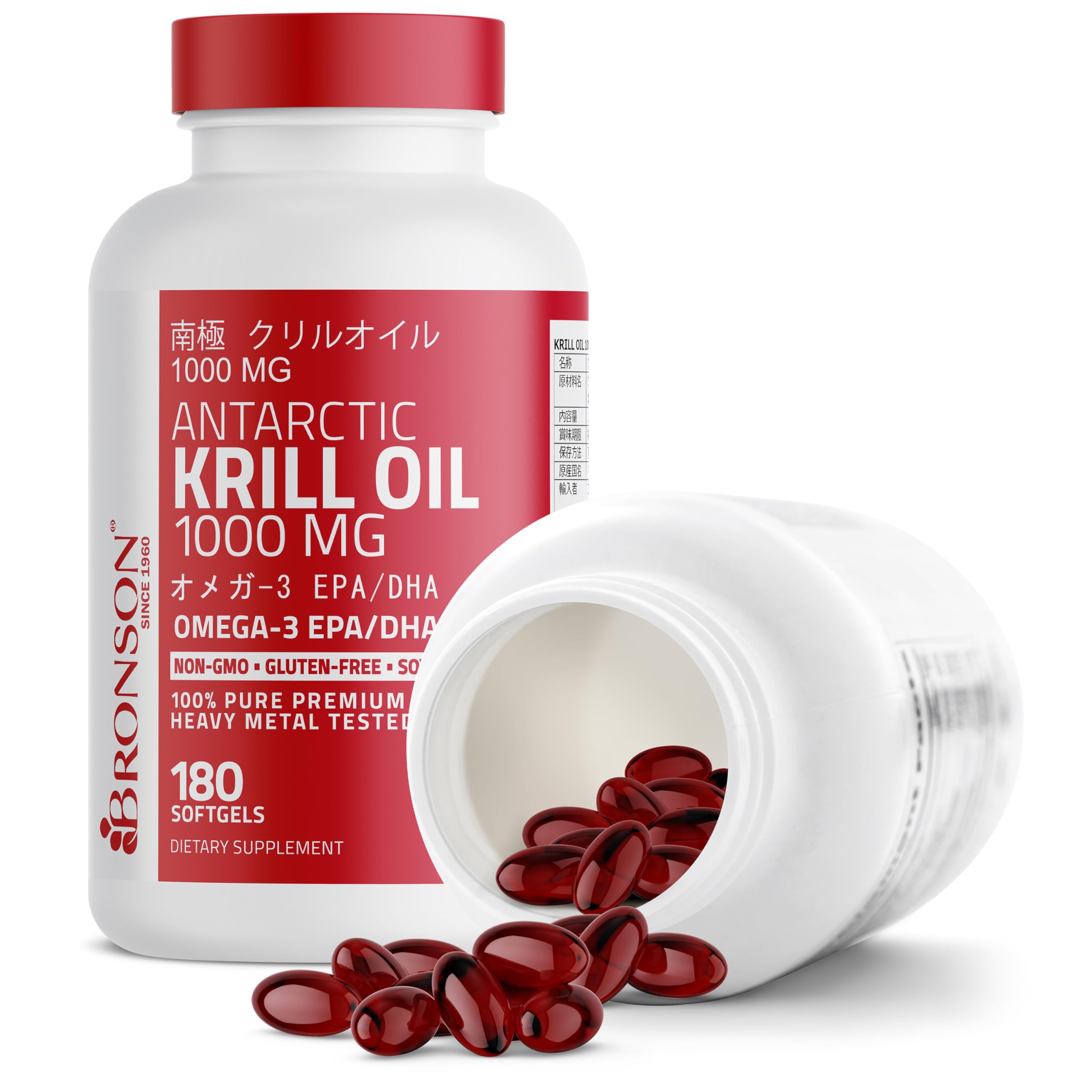 Bronson Antarctic Krill Oil 1000 mg with Omega-3s, 180 Softgels | Heavy Metal Tested, with EPA, DHA, Astaxanthin and Phospholipids, Non-GMO, Gluten Free, Soy Free