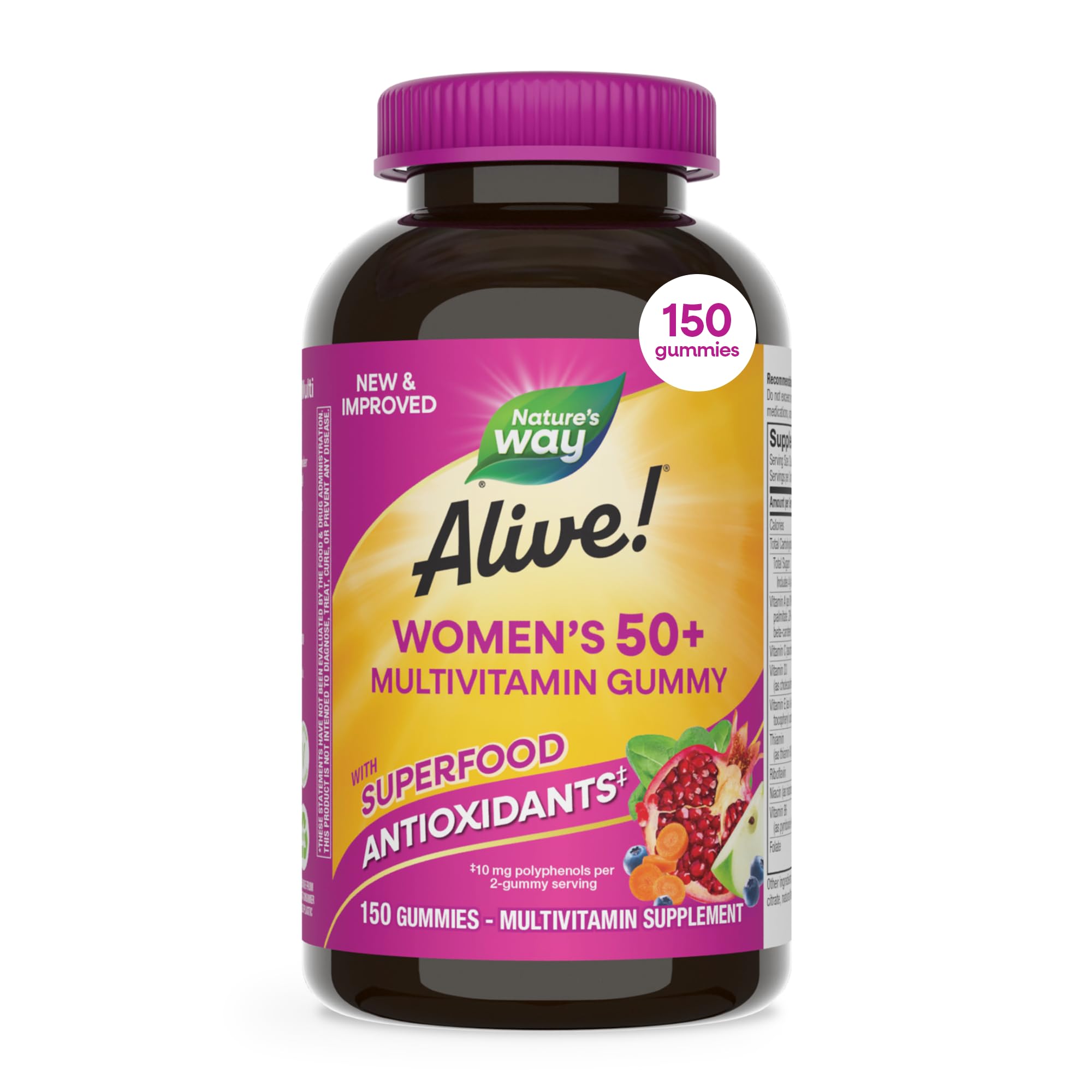 Nature's Way Alive! Women's 50+ Multivitamin Gummies, Mixed Berry, 130 ct | Daily Gummy Multi with B-Vitamins, Vitamin D3 & Calcium to Support Heart, Brain, & Bone Health for Women 50 and Older*