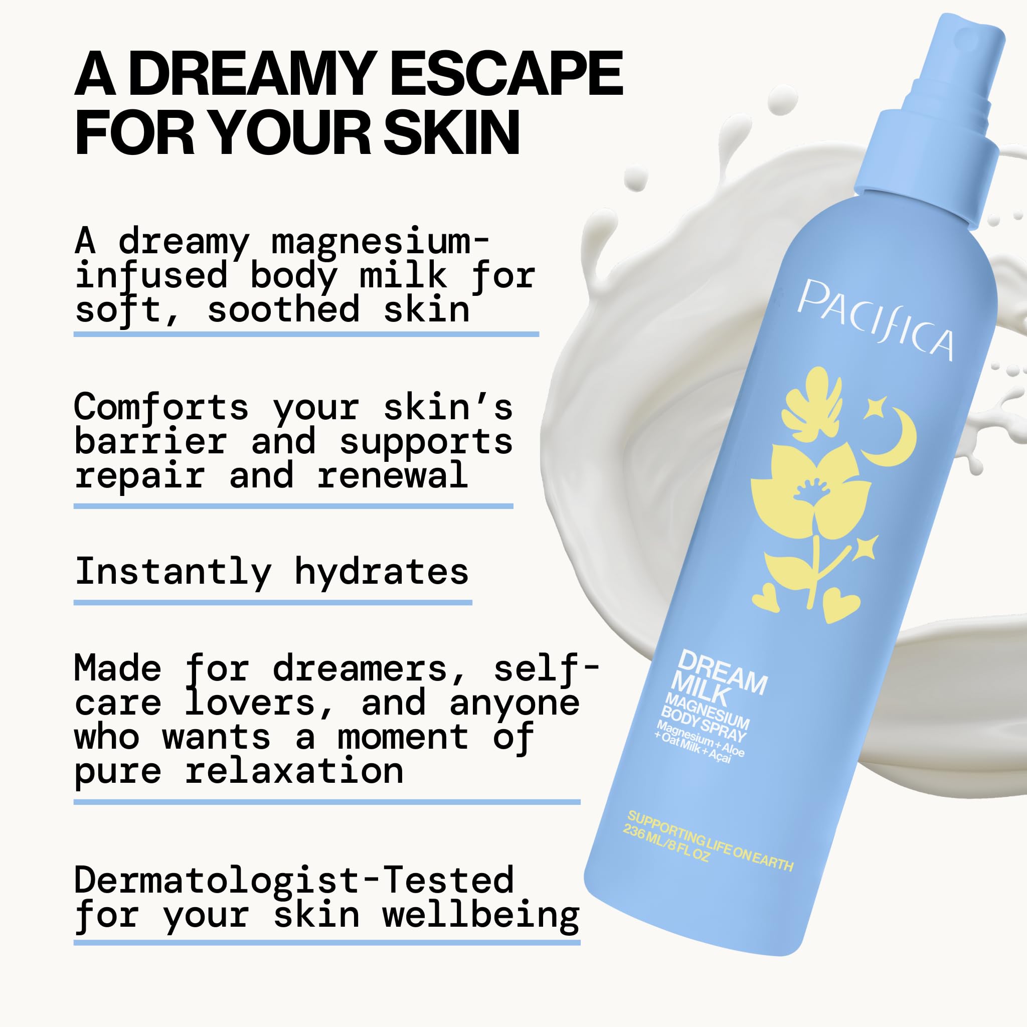 Pacifica Dream Milk Magnesium Spray for Sleep & Relaxation - Natural Magnesium Body Mist Infused with Lavender, Chamomile & Essential Oils, Vegan & Cruelty-Free, Clean Beauty, 8 fl oz