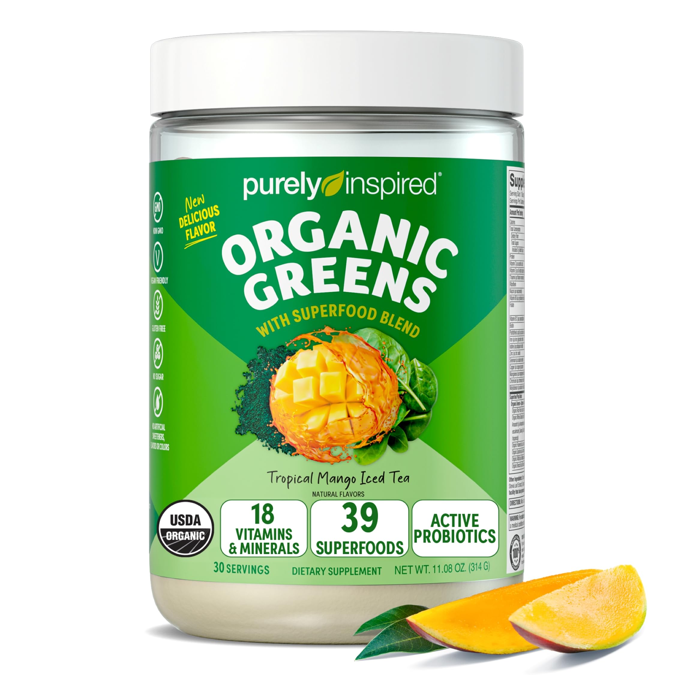 Purely Inspired Organic Green Powder Smoothie Mix, Unflavored (24 Servings) - Probiotics for Digestive Health with Spirulina & Chlorella for Gut Health - Vegan