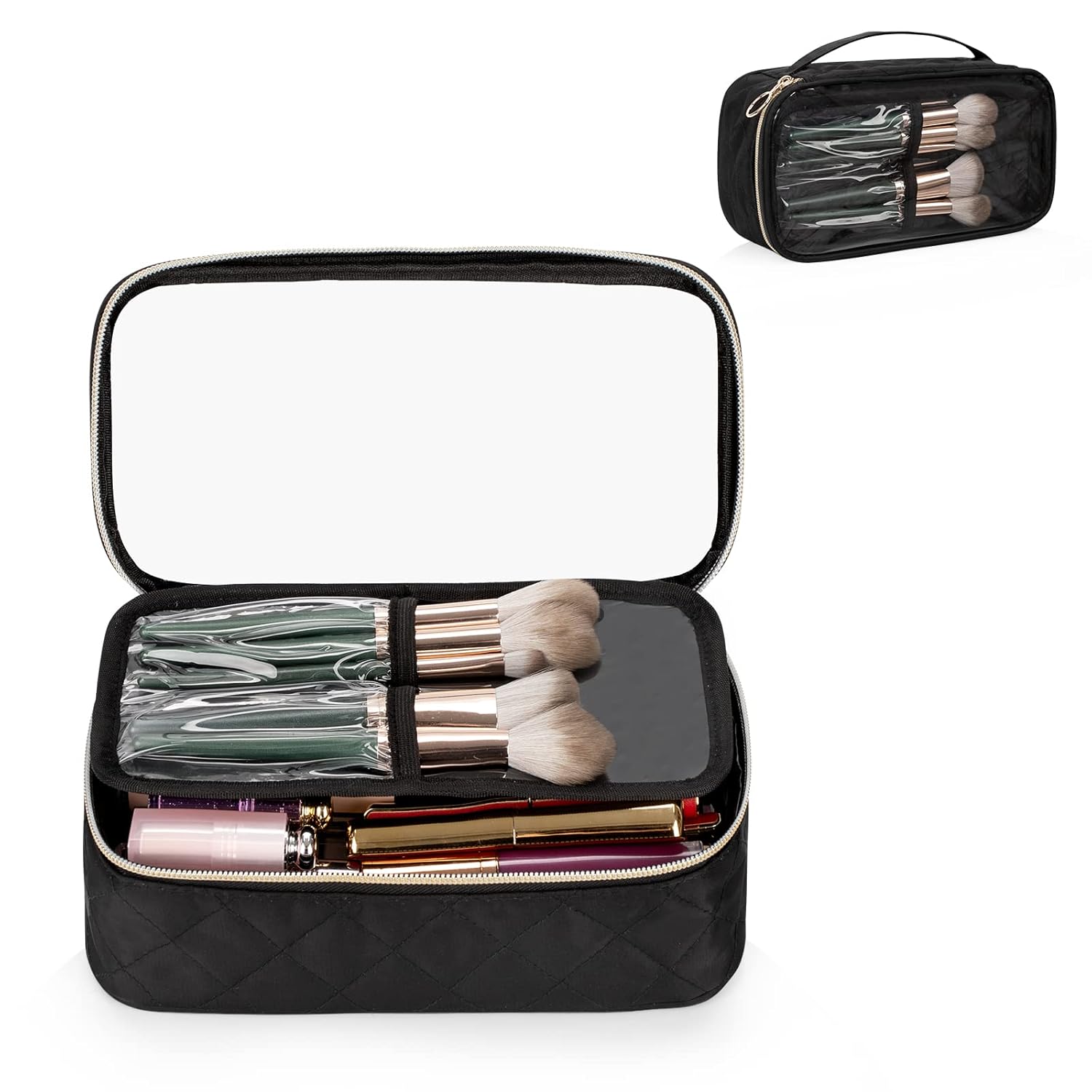 Buy now OCHEAL Makeup Bag, Double Layer Cosmetic Bag, Large Capacity New Look Clear Cosmetic Case for Women Travel Beauty Essentials, Multiple Compartments Makeup Case Organizer Zipper Pouch -Black Small Black clear at indiglob india