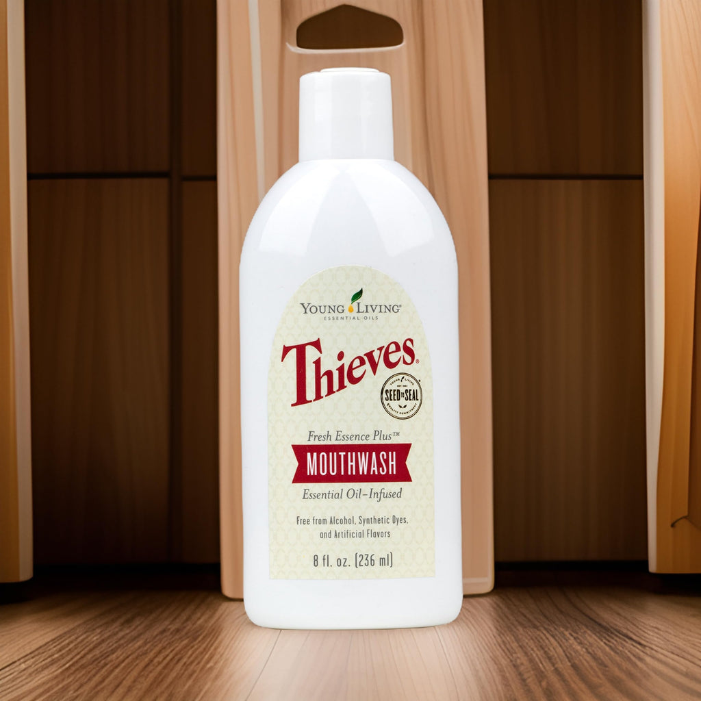Young Living Thieves Fresh Essence Plus Mouthwash | 8 fl oz | Alcohol-Free and Fluoride-Free | Enhanced with Essential Oils | Peppermint, Rosemary, Lemon, & Cinnamon Oils