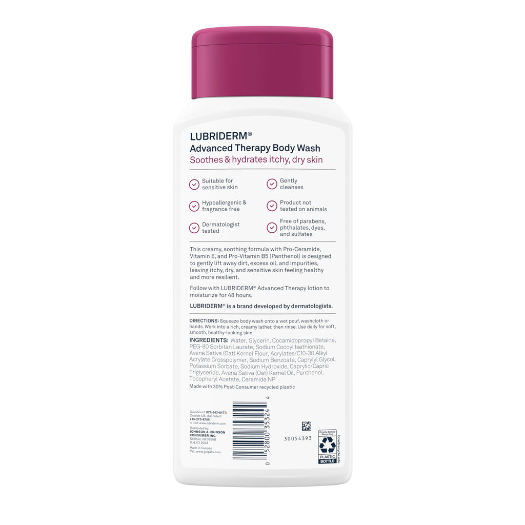 Lubriderm Advanced Therapy Unscented Body Wash, Vitamin E, 16 fl. Oz | Pro-Ceramide, Vitamin E & Pro-Vitamin B5, Gently Cleanses Itchy Dry Skin, Fragrance Free, Hypoallergenic