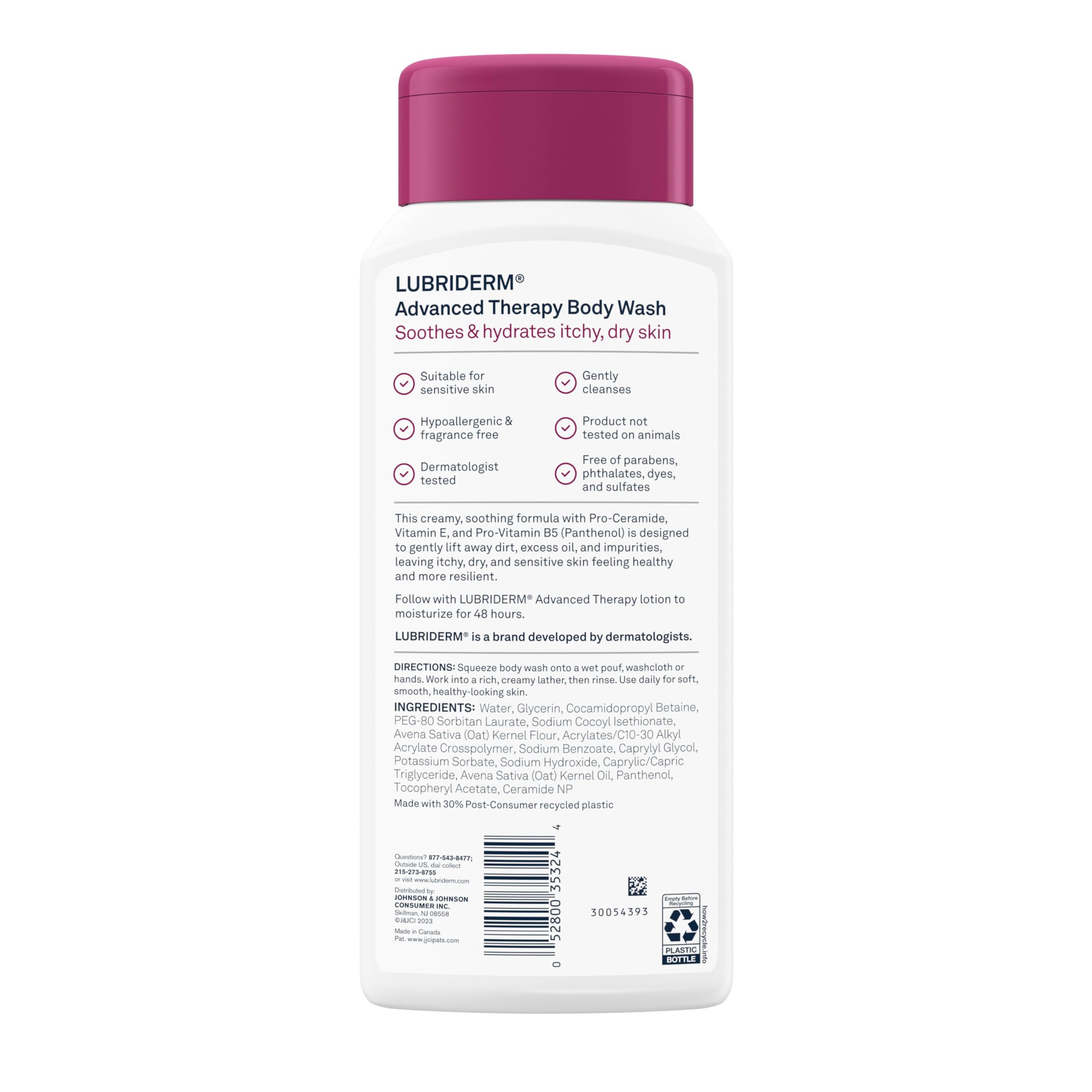 Lubriderm Advanced Therapy Unscented Body Wash, Vitamin E, 16 fl. Oz | Pro-Ceramide, Vitamin E & Pro-Vitamin B5, Gently Cleanses Itchy Dry Skin, Fragrance Free, Hypoallergenic