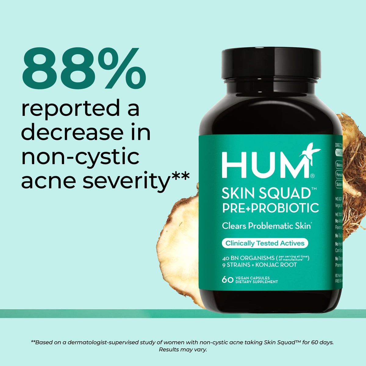 HUM Skin Squad Probiotic & Prebiotic, Skin & Gut Health Support, 60 Count
