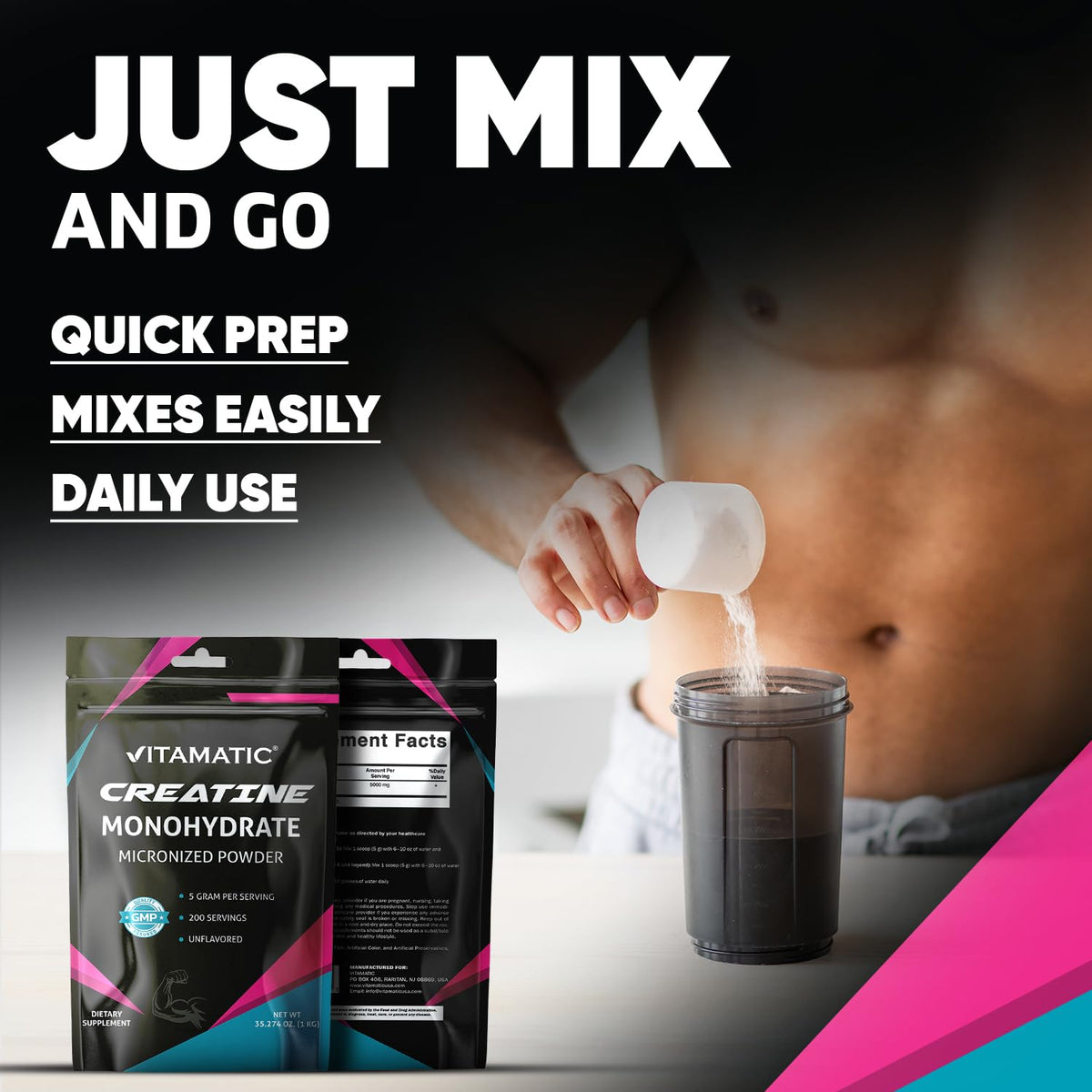Vitamatic Creatine Monohydrate Powder – 5000 mg Per Serving, 1 kg, Unflavored, Micronized Creatine Supplement, Vegan, Non-GMO, Gluten Free