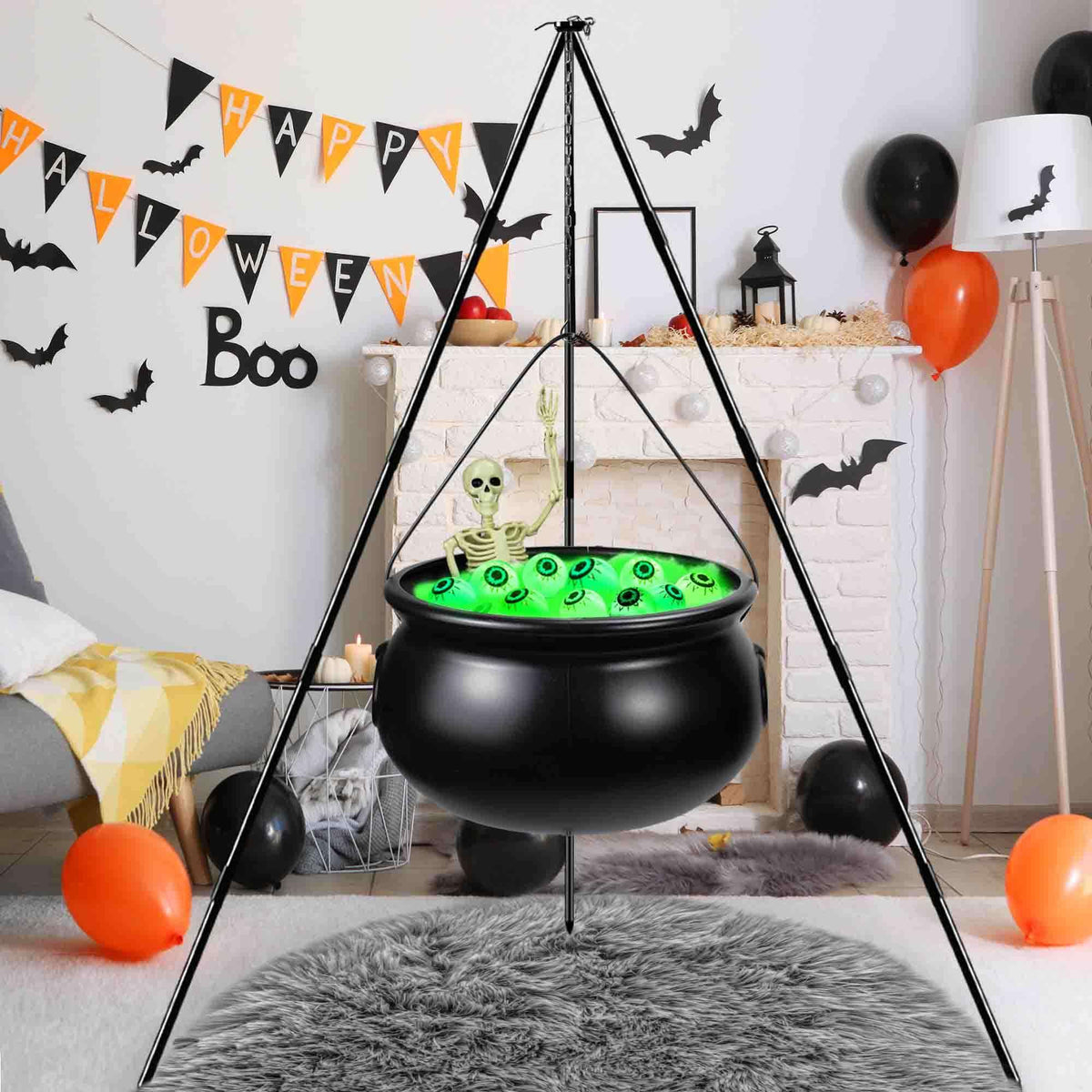Halloween Outdoor Decorations, Witches Cauldron for Yard Decorations, Witch Decor Indoor, Halloween Witch Cauldron with Tripod with Eyeballs String Lights and Skeleton for Home & Porch Decor