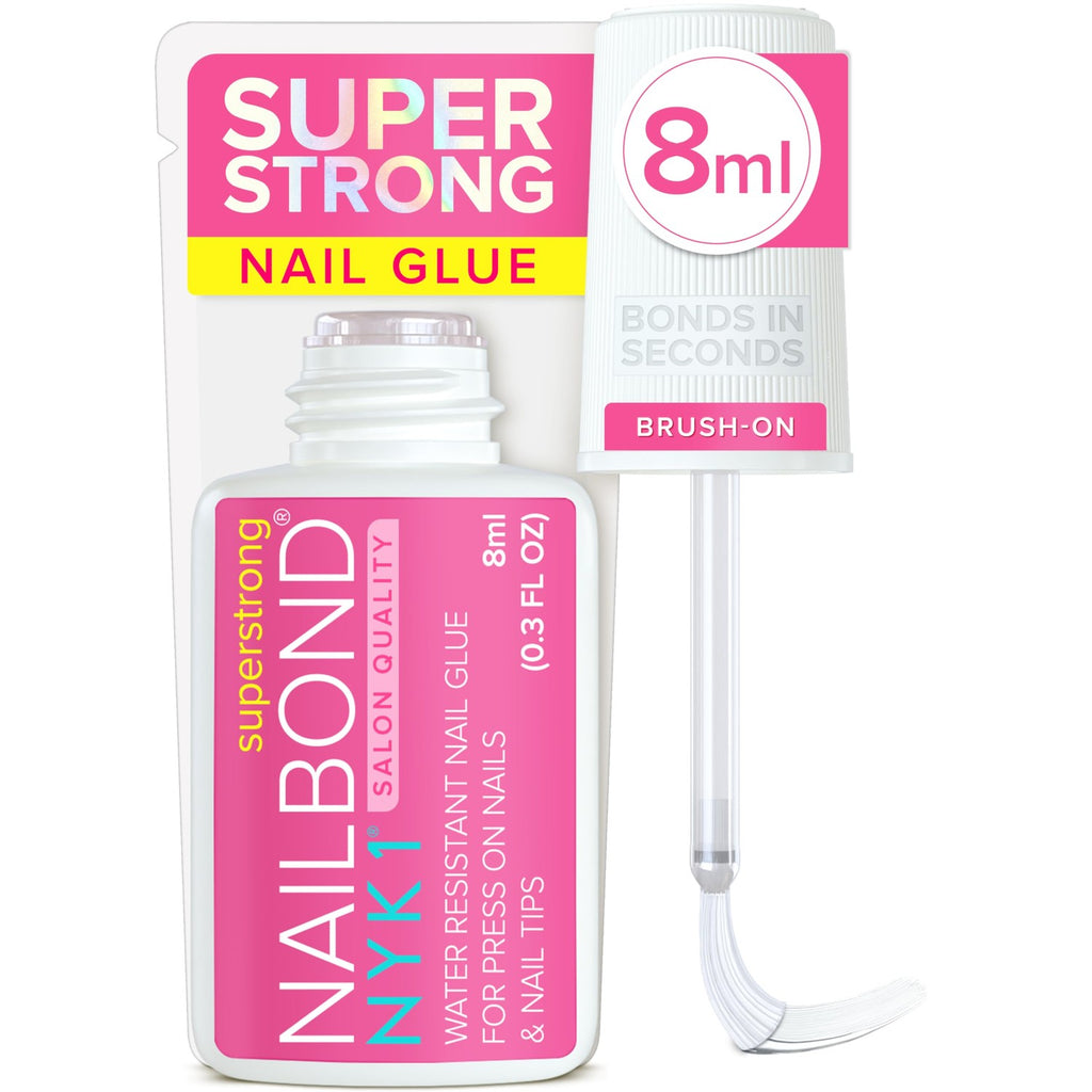 NYK1 Super Strong Nail Glue for Press On Nails, Nail Tips & Acrylics | 8ml | NailBond Brush On Nail Glue for Press Ons, Fake Nails & Acrylic Nails - Long Lasting, Max Strength, Mess-Free Application