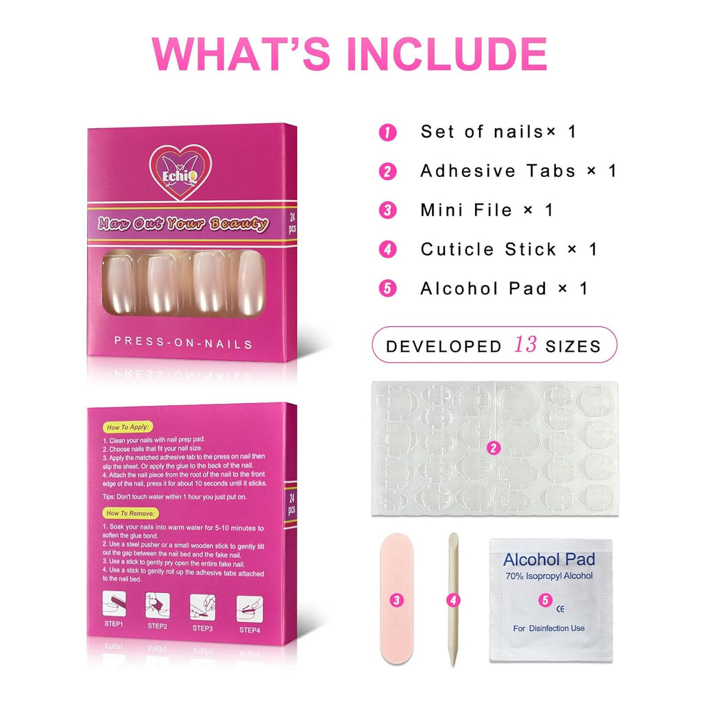 Buy now EchiQ Pearl Shine Glossy Fake Nails Shimmer White Square French Nail Ombre Faux Ongles Gradient Medium Fingernails with Gluetabs at indiglob india