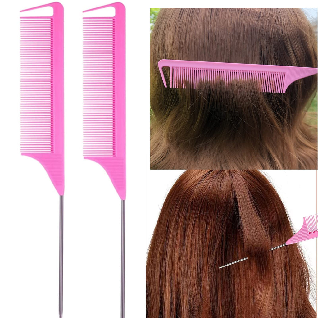 ZVOREI 8Pcs Hair Brushes Set wit, Pink 4Pcs Topsy Hair Tail Tools | 1Pcs Bristle Teasing Hair Brush 1Pcs Edge Control Brush 2Pcs Metal Pin Rat Tail Combs for Woman Girl Hair Styling