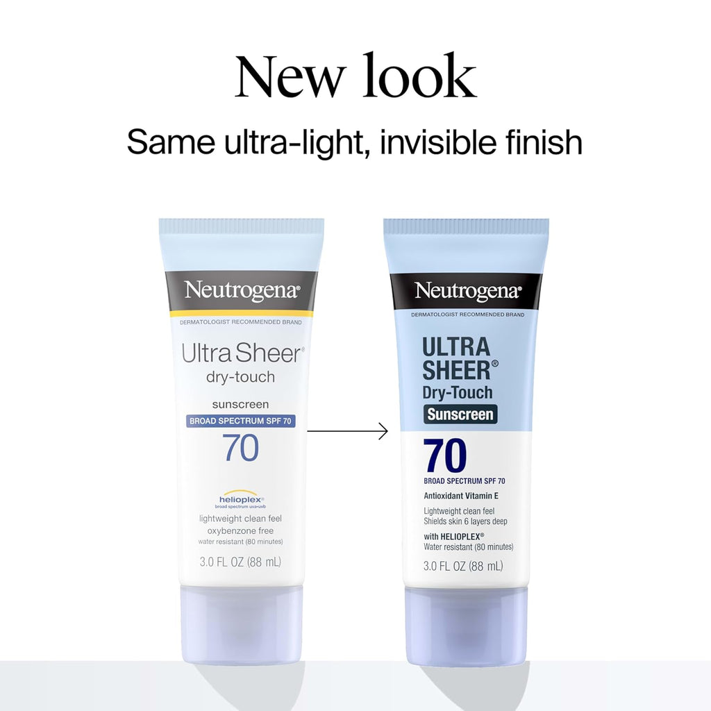 Buy now Neutrogena Ultra Sheer Dry-Touch Sunscreen Lotion SPF 70, Broad Spectrum, Water Resistant 80 Min, Oil-Free, Oxybenzone-Free, Non-Comedogenic, Matte Finish, Body Sunscreen, Travel Size 3 Fl Oz at indiglob india
