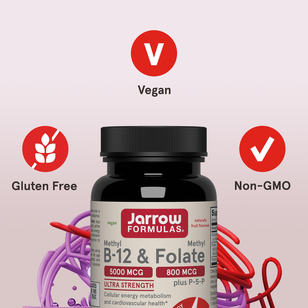 Jarrow Methyl B-12 & Methyl Folate Supplement, 60 Chewable Tablets | Bioactive Vitamin B12 & B9 Supplement, Supports Cellular Energy Production, Healthy Brain Function & Metabolism, 60 Servings