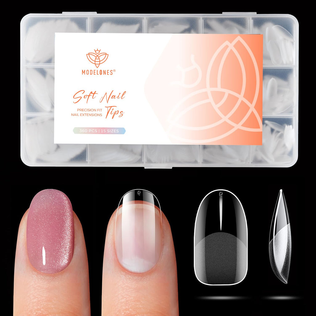 Modelones Short Almond Nail Tips set with 360 pieces. Ideal for precise nail extensions. Available online for ordering.