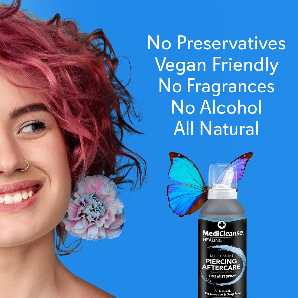 MediCleanse Sterile Saline Piercing Aftercare Fine Mist Spray 7.5 Oz 2 Pack | Promotes Healing For All Body Piercings & Tattoos, All Natural, Preservative Free, No Alcohol, Vegan Friendly, Made in USA