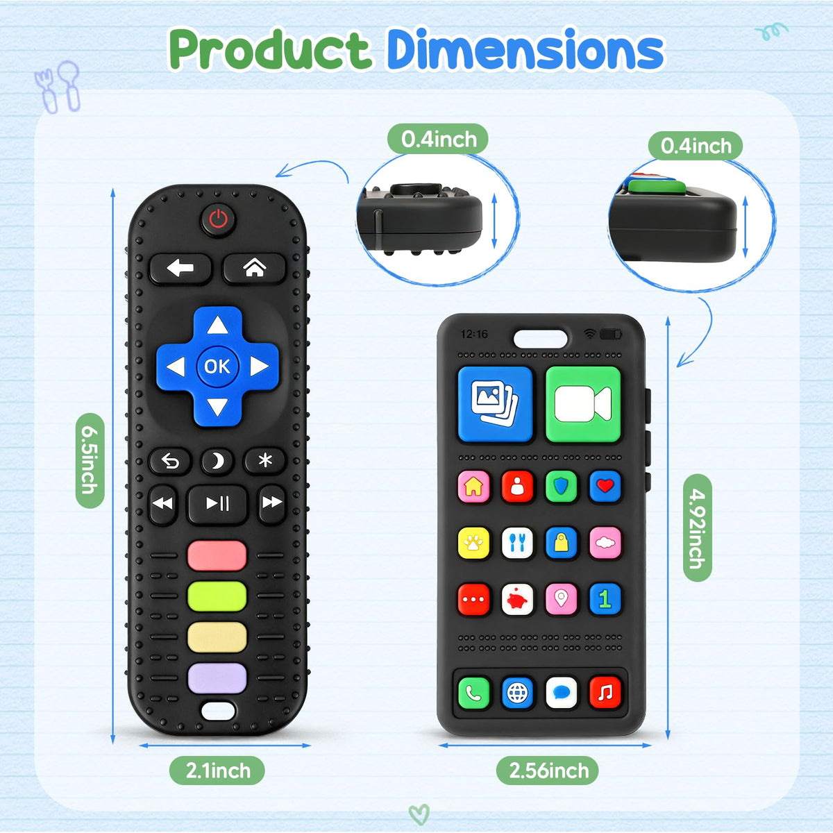 2 Pack Remote & Phone Teething Toys for 0-6 6-12 Months, BPA Free Silicone