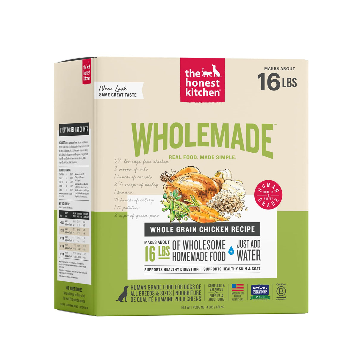 The Honest Kitchen Wholemade Whole Grain Chicken Recipe, Human Grade Dehydrated Dog Food, Just Add Water, Supports Healthy Digestion, Skin & Coat, Topper for Dry or Wet Dog Food, 4 lb Box Makes 16 lbs