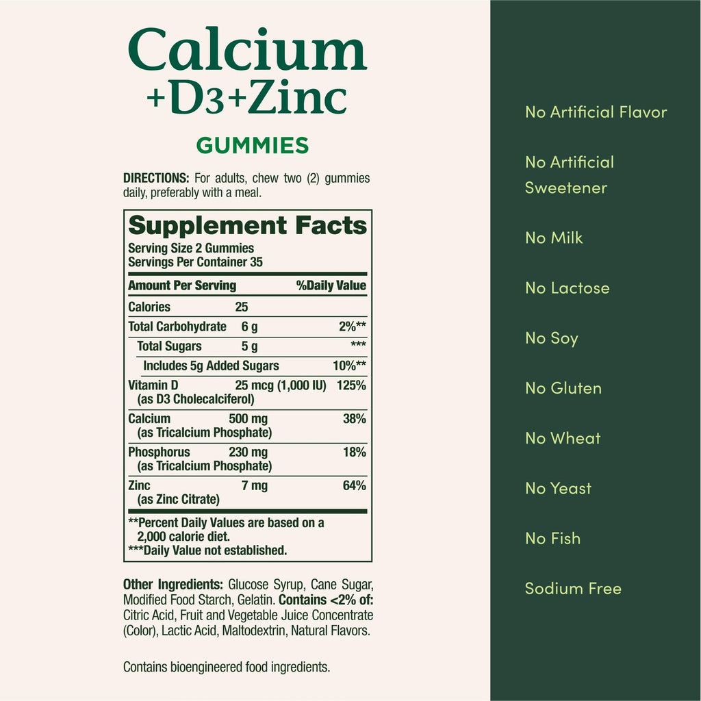 Nature's Bounty Calcium + D3 + Zinc Gummies, 500mg, 70ct | Orange & Cherry, Supports Strong Bones & Teeth, Healthy Immune System